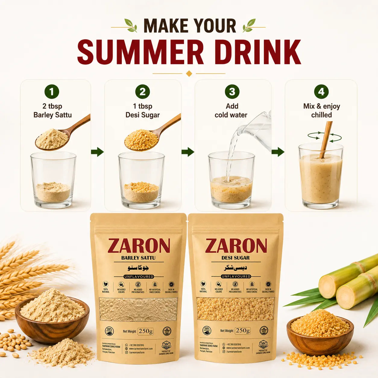 Zaron Premium Summer Combo | Pure Barley Sattu + Natural Desi Sugar
