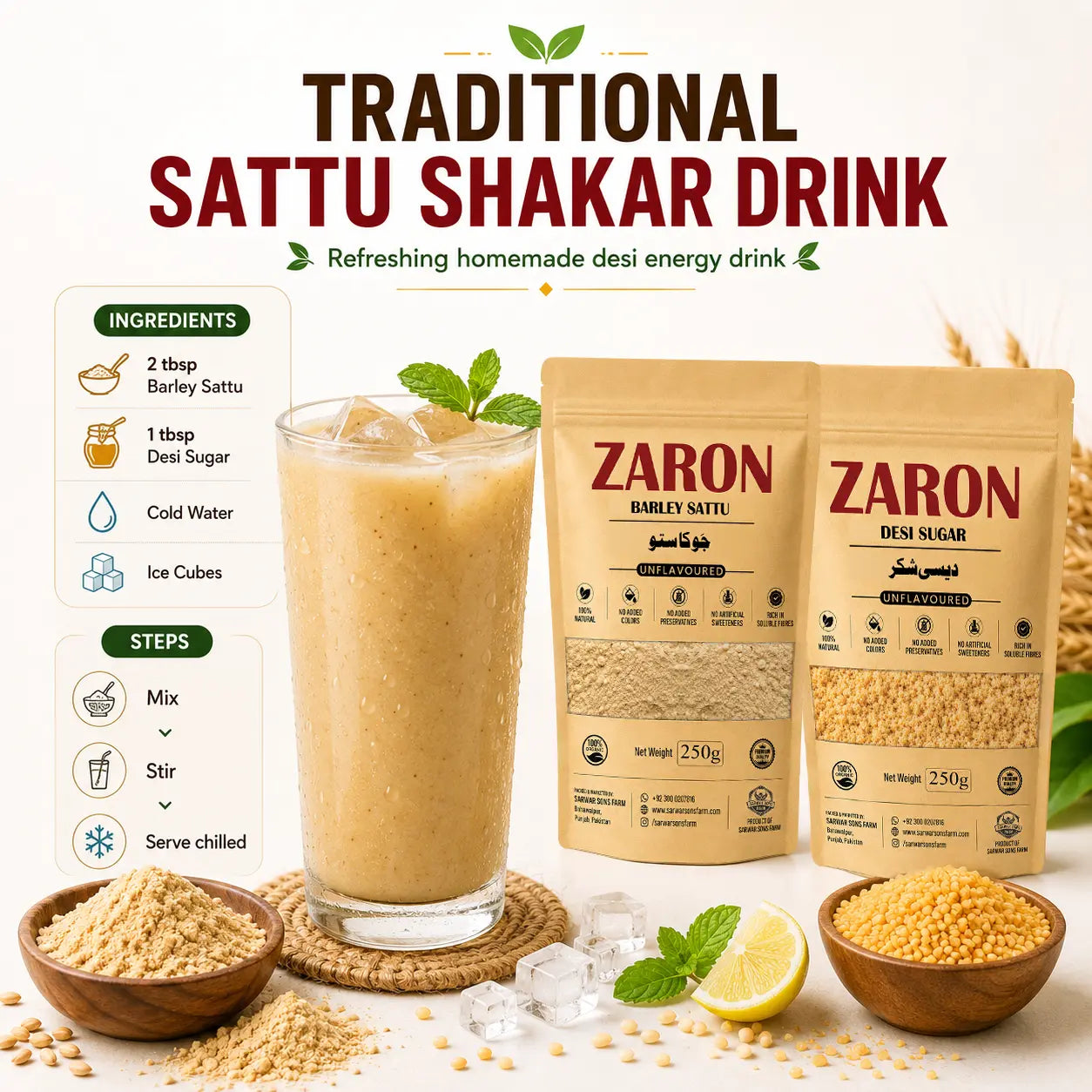 Zaron Premium Summer Combo | Pure Barley Sattu + Natural Desi Sugar